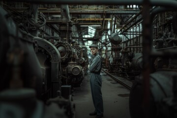 Fototapeta premium Factory worker in vintage attire amid industrial machinery.