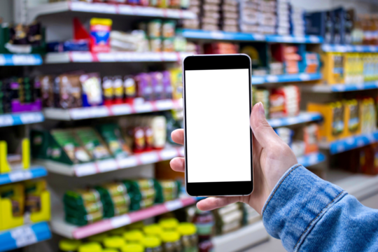 Hand holding blank screen smartphone at the supermarket, mockup phone, transparent background png