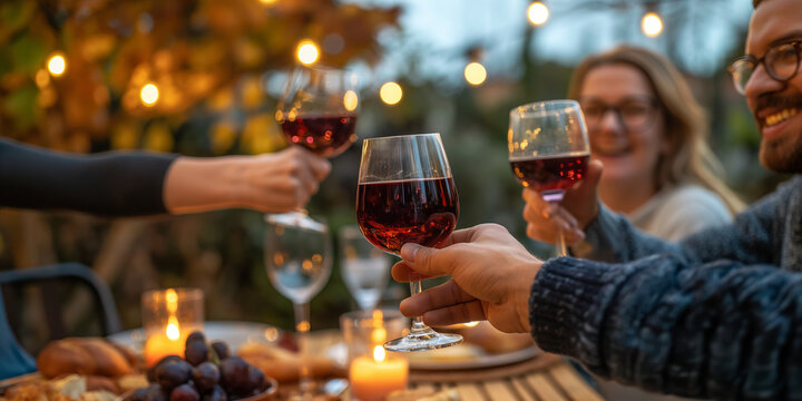 Group of cheerful friends toasting at autumn themed garden party. Eating dinner together by decorated table. Young people having a get together fall evening night.