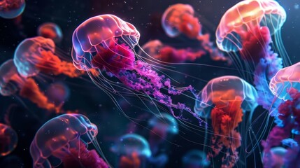 Obraz premium Futuristic digital jellyfish with glowing tentacles and binary code on body