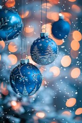 Blue Christmas ornaments adorned with intricate glittery tree and snowflake designs, hanging amidst backdrop of warm bokeh lights and softly falling snowflakes, festive and magical holiday atmosphere