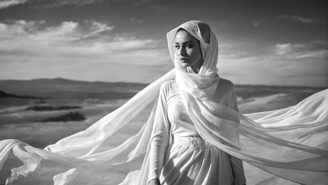 Beautiful woman in white hijab In desert. Muslim Girl in sands
