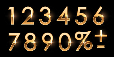 Birthday golden numbers isolated on black background. Collection of anniversary gold yellow numbers. Luxury bright metallic font. Realistic vector design elements for party, holiday, sale, promotion