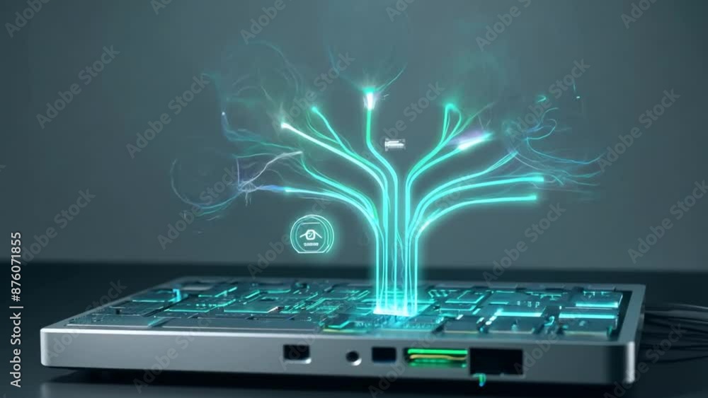 Poster tech tree growing from computer keyboard generative ai