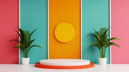 Tech-inspired stage and podium mockup with modern machinery elements and vibrant opposite colors suitable for engaging advertising presentations requiring bold and dynamic imagery. Clean and Clear