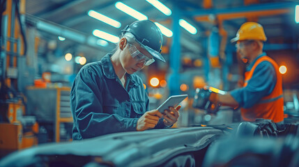 A uniformed mechanic takes notes while another technician carefully inspects the underbody of an SUV sitting on a lift in an auto repair shop. 