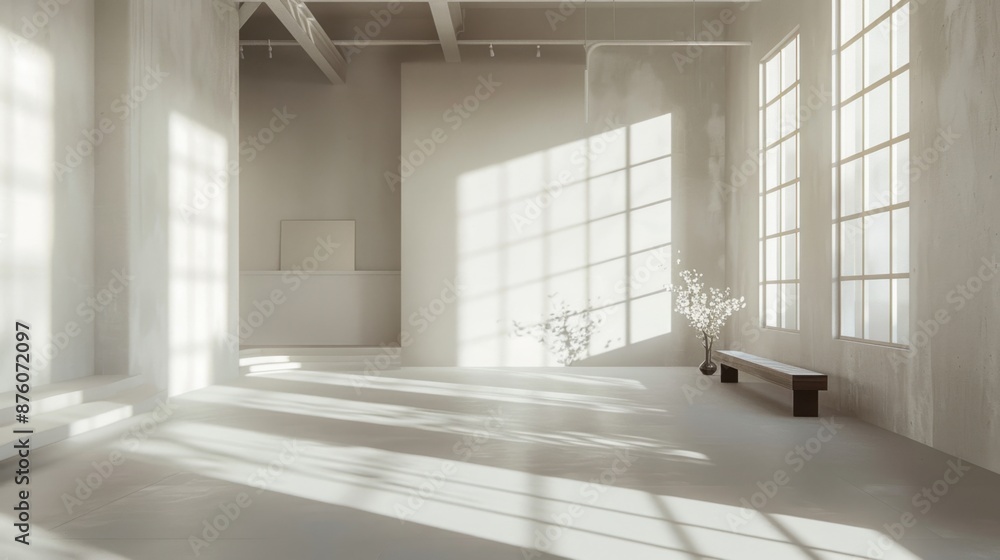Poster minimalist interior in a spacious loft, bathed in natural light. emphasize the simplicity and elegan