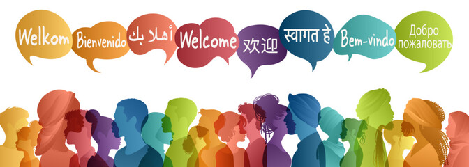 Silhouette multicultural people side from different country and continents with speech bubbles with text -Welcome- in various international languages.Communication.Community. Diversity