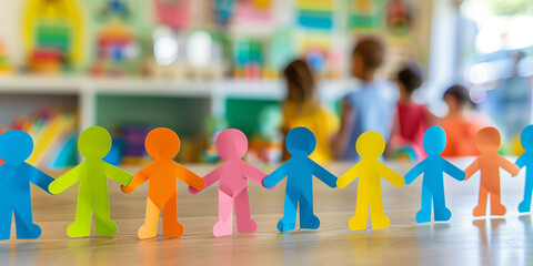Rainbow colored paper human figures holding their hands on kindergarten or school background. Diversity and inclusion concept.