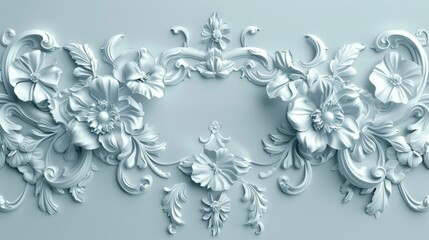 White flowers and decorative elements are set on a blue background in this 3D stucco wallpaper