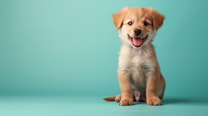A happy Duckling puppy sitting on a solid mint blue background with space above for text, illustration background
