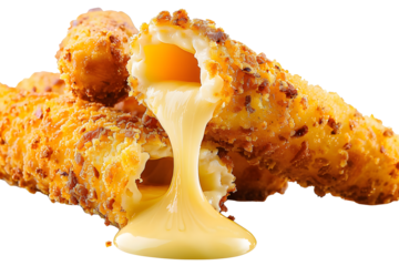 Many Crispy breaded fried cheese sticks, liquid hot cheese dripping out the inside, png, isolated on transparent background, clipart, cutout.