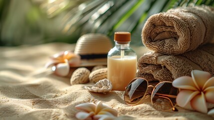 Sunscreen Lotion with Sunglasses, Towel, and Straw Hat - Essential Summer Accessories on Beige Background