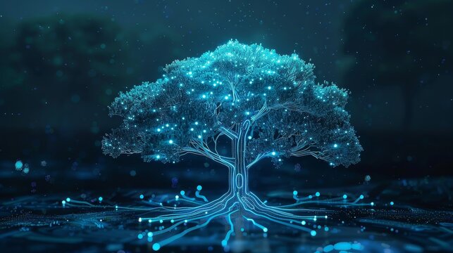 Glowing digital tree with blue lights and connected roots