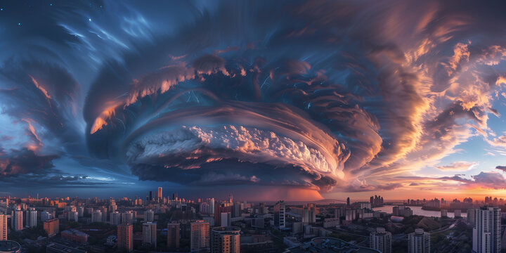Majestic supercell thunderstorm formation over rural landscape. Sculpted super-cell, a mesocyclone weather formation, drifting across the meadows. Dramatic weather phenomenon.