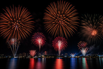 Fireworks display under blurred or blurred concept with isolated black background at night.