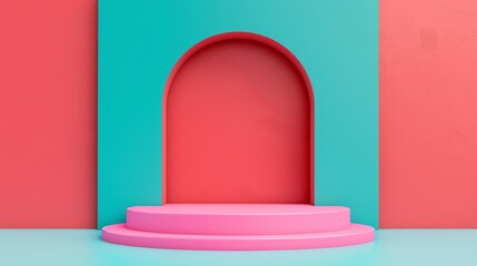 Tech-inspired stage and podium mockup with modern machinery elements and vibrant opposite colors suitable for engaging advertising presentations requiring dynamic and bold imagery. Clean and Clear