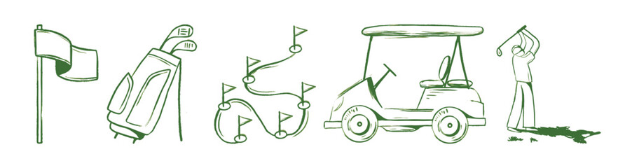 Golf equipment set logo icons sports gear for game. Golfer hits ball on golf course. Golf player, bags, putter, golfer, ball, hole, course, gloves. Vector illustration isolated on background