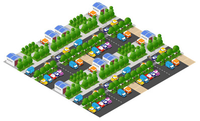 Isometric city with cars parked and driving on streets