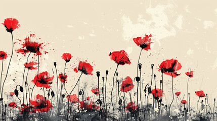 Red poppies in the field, illustration, ink style, hand drawn, simple background, black and white, high contrast, red flowers