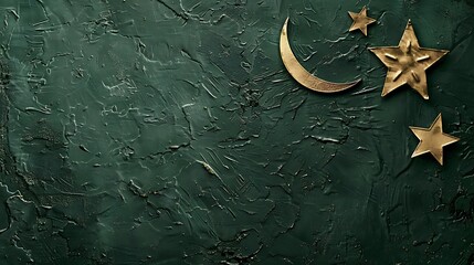 A rough textured dark green plaster wall background with a prominent moon and star, leaving ample space for Independence Day text.