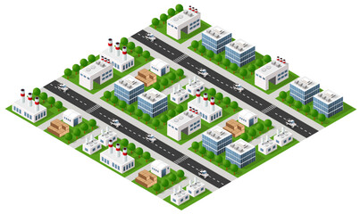 Isometric city with factories producing goods and cars driving on the road