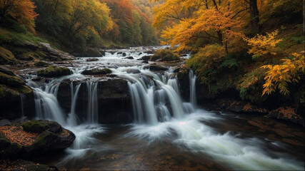 A beautiful waterfall with a river flowing below. Leaf litter