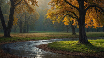 A forest in autumn with a river that runs through it. tade light