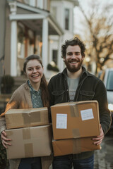 Young cheerful couple carrying boxes while moving into their new home. Happy man and woman relocating, mortgage or dream purchase. Real estate or property investment.