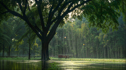 Obraz premium A tree is surrounded by a pond and a small wooden cabin