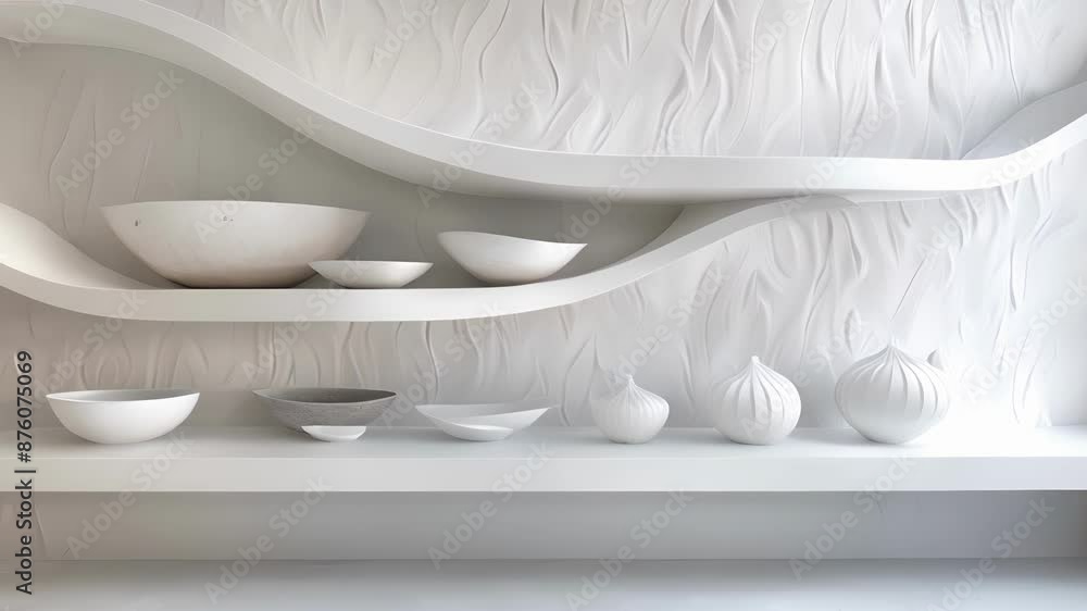 Poster a collection of ceramic vessels each with a unique geometric design are p on shelves that follow the