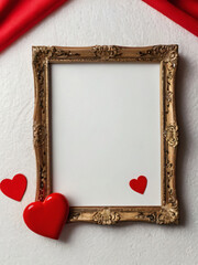 A vintage wooden frame adorned with red roses and heart-shaped cutouts, evoking a romantic...
