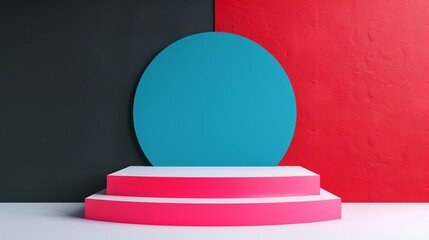 Vibrant stage and podium mockup with modern machinery elements and opposite color principles ideal for creating dynamic and engaging visuals for tech-focused advertising and promotions. Clean and