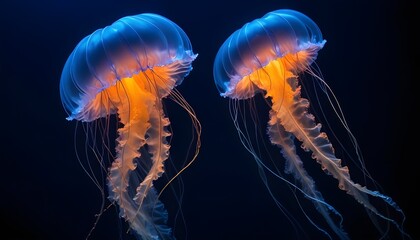 Fototapeta premium Jellyfish Japanese Sea Nettle, Blue neon glow light, dark background