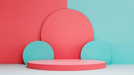 Colorful stage and podium mockup featuring modern machinery elements with opposite color principles designed to create striking and innovative visuals for tech-themed advertising. Clean and Clear