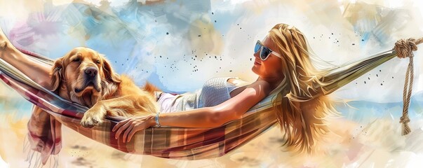 Relaxing beach scene with a woman and her dog lounging in a hammock, capturing the essence of summer leisure and companionship.
