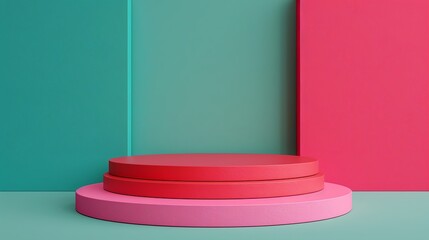 Fototapeta premium Modern machinery stage and podium mockup using colorful opposite colors ideal for dynamic and engaging visuals for tech-themed advertising presentations and marketing materials. Clean and Clear