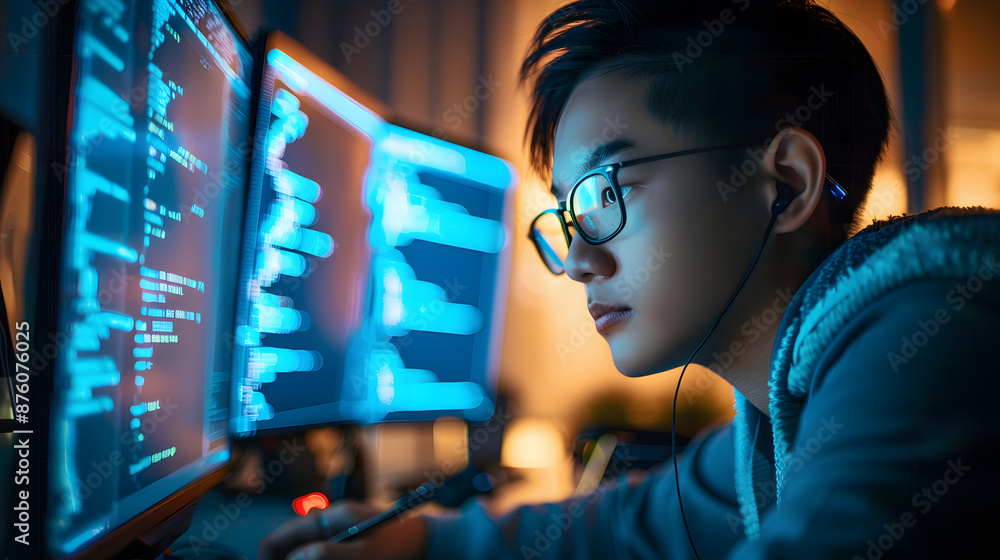 Poster professional it specialist using device writing code computer network maintenance