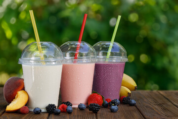 set of different flavor milkshakes or smoothie in disposable plastic glasses on wooden table...