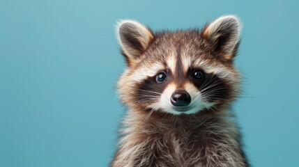 Obraz premium A happy Raccoon puppy sitting on a solid mint blue background with space above for text, illustration background