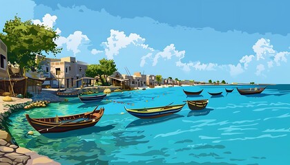 A serene vector scene of a Pakistani coastal village with fishing boats and a clear blue sea.