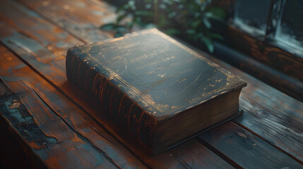 A book with a leather cover sits on a wooden table