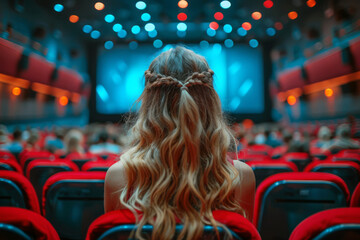 Rear view of young woman with long hair is entranced by the film on screen in a dim cinema hall, movie theater with the red seats