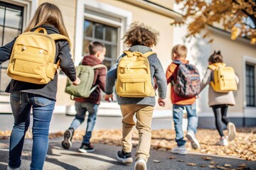 The holiday falls on September 1st. Children with yellow backpacks run to school. Rear view. Back to school. The concept of a new academic year at school. Autumn Knowledge Day.