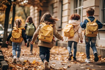 Obraz premium The holiday falls on September 1st. Children with yellow backpacks run to school. Rear view. Back to school. The concept of a new academic year at school. Autumn Knowledge Day.