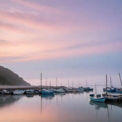 Fototapeta premium A calm bay with boats anchored under a pastel-colored sky