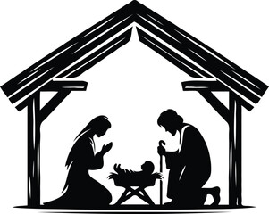 Christmas Nativity scene greeting card illustration. Black silhouettes isolated on white background. Vector EPS10.
