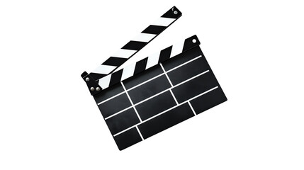 Film clapperboard, used in scene take for movie production. Black and white stripes with chalkboard surface, essential filmmaking tool.