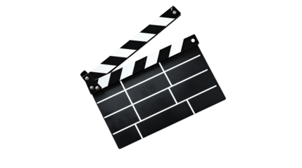 Film clapperboard, used in scene take for movie production. Black and white stripes with chalkboard surface, essential filmmaking tool.