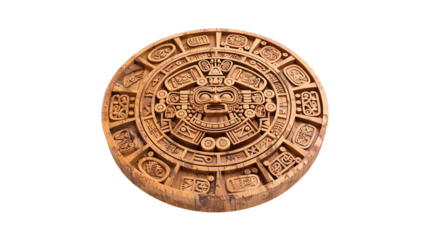Intricate wooden Aztec calendar carving with detailed symbols and patterns, showcasing Mexican culture and ancient art craftsmanship.